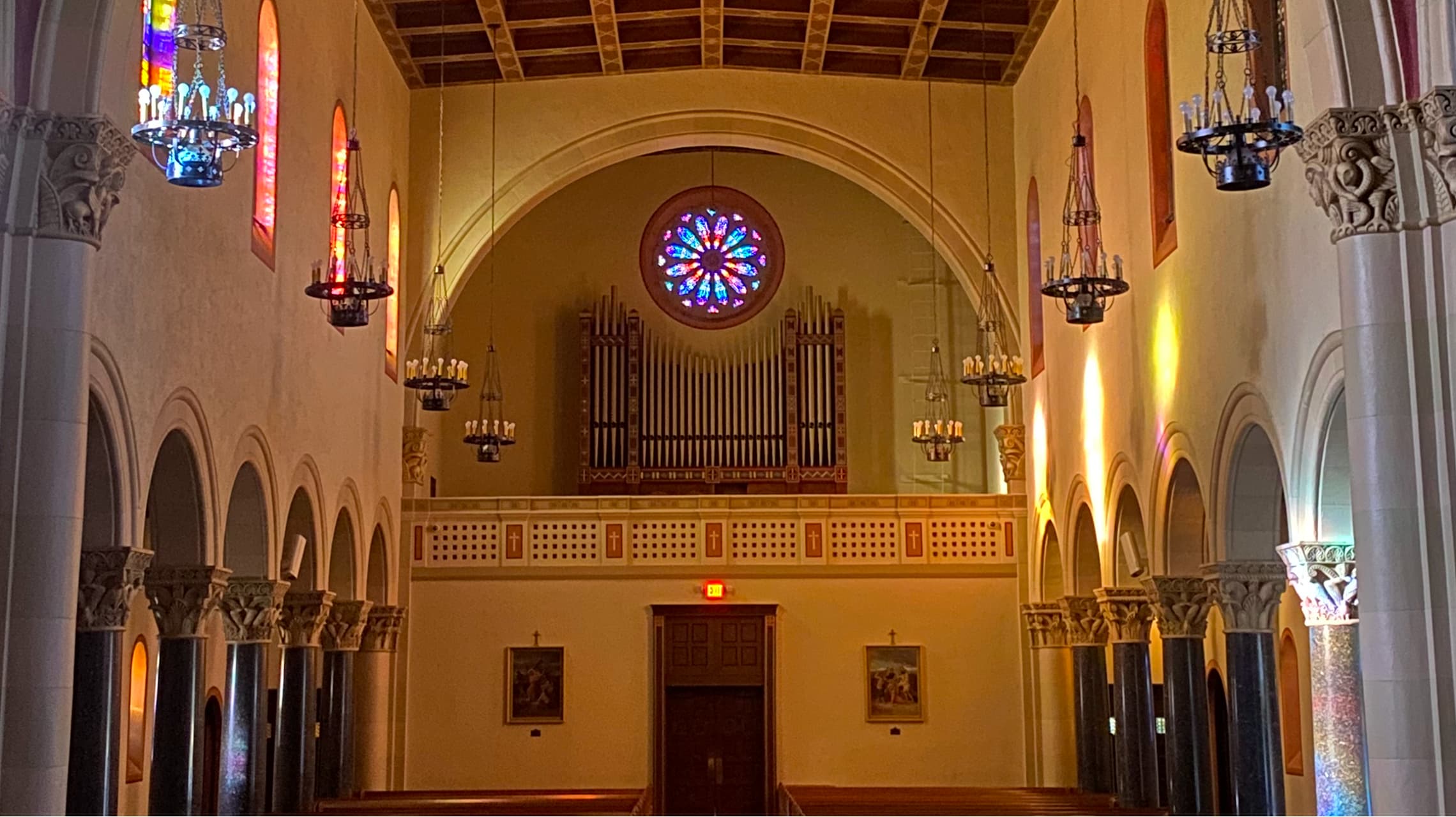Sacred Heart interior stainglass reflections